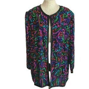 STENAY PLUS Sequin Jacket - Vibrant 100% Silk Evening Wear - VTG - 2X